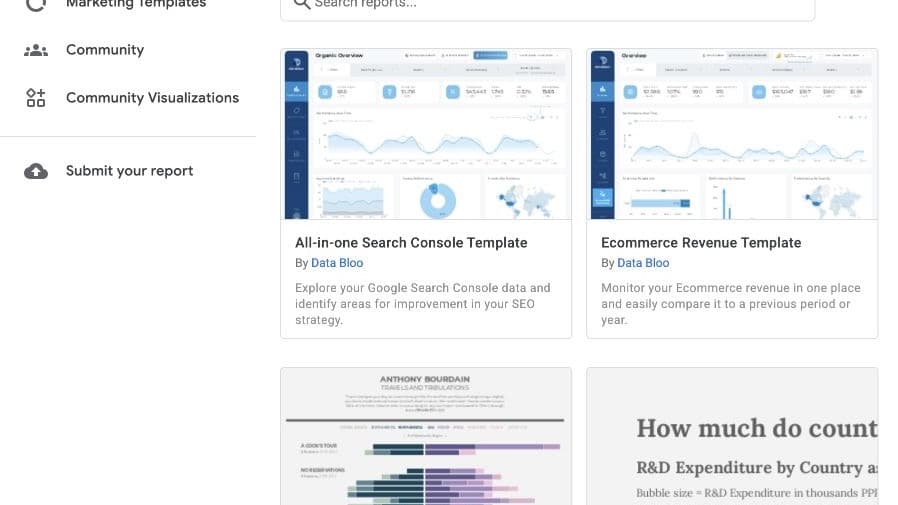 Giao diện thư viện báo cáo và dashboard của Looker Studio