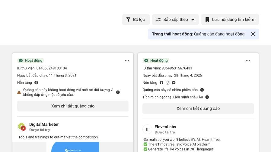 Giao diện Meta Ad Library hiển thị quảng cáo đang hoạt động với từ khóa marketing